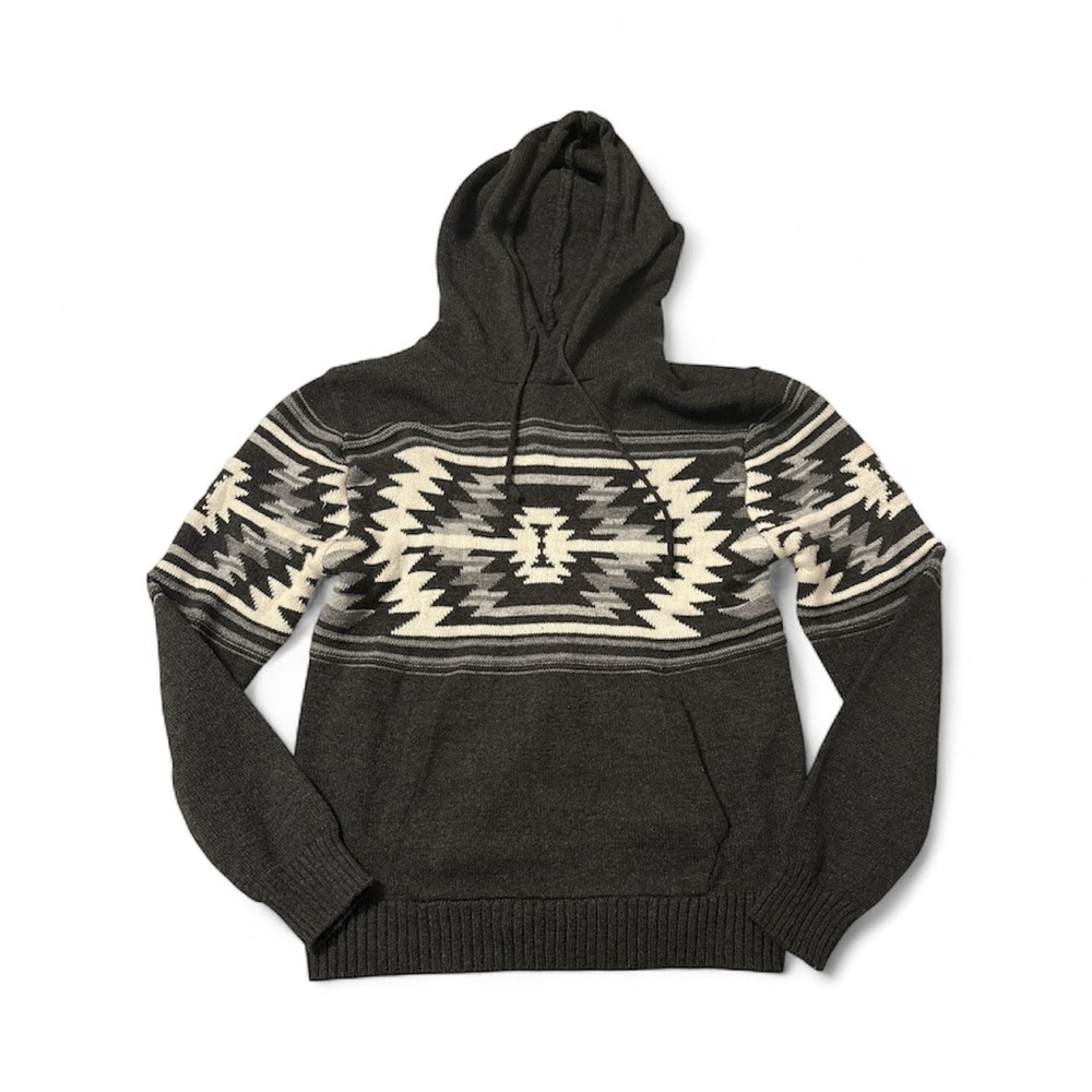Southwest Aztec Print Men’s Hoodie Charcoal Cream Winter Sweater